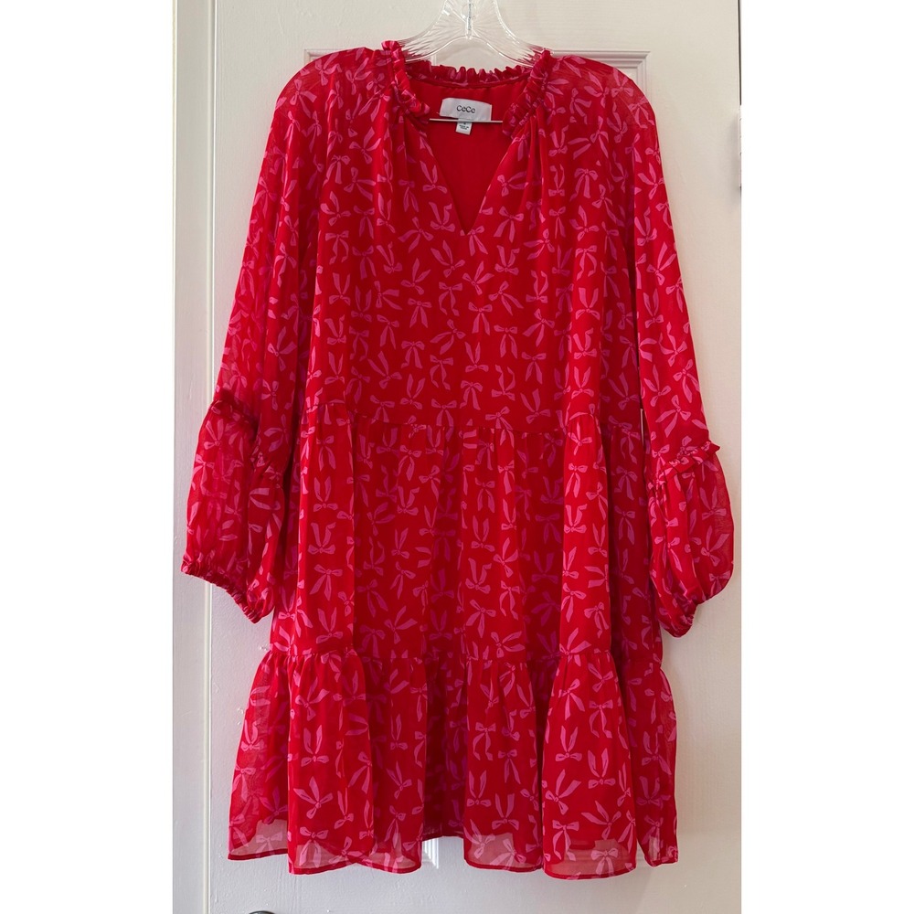 CeCe Thats a Wrap Bow Print Tiered Mini Dress Scarlet Glow Red Pink Medium NWT